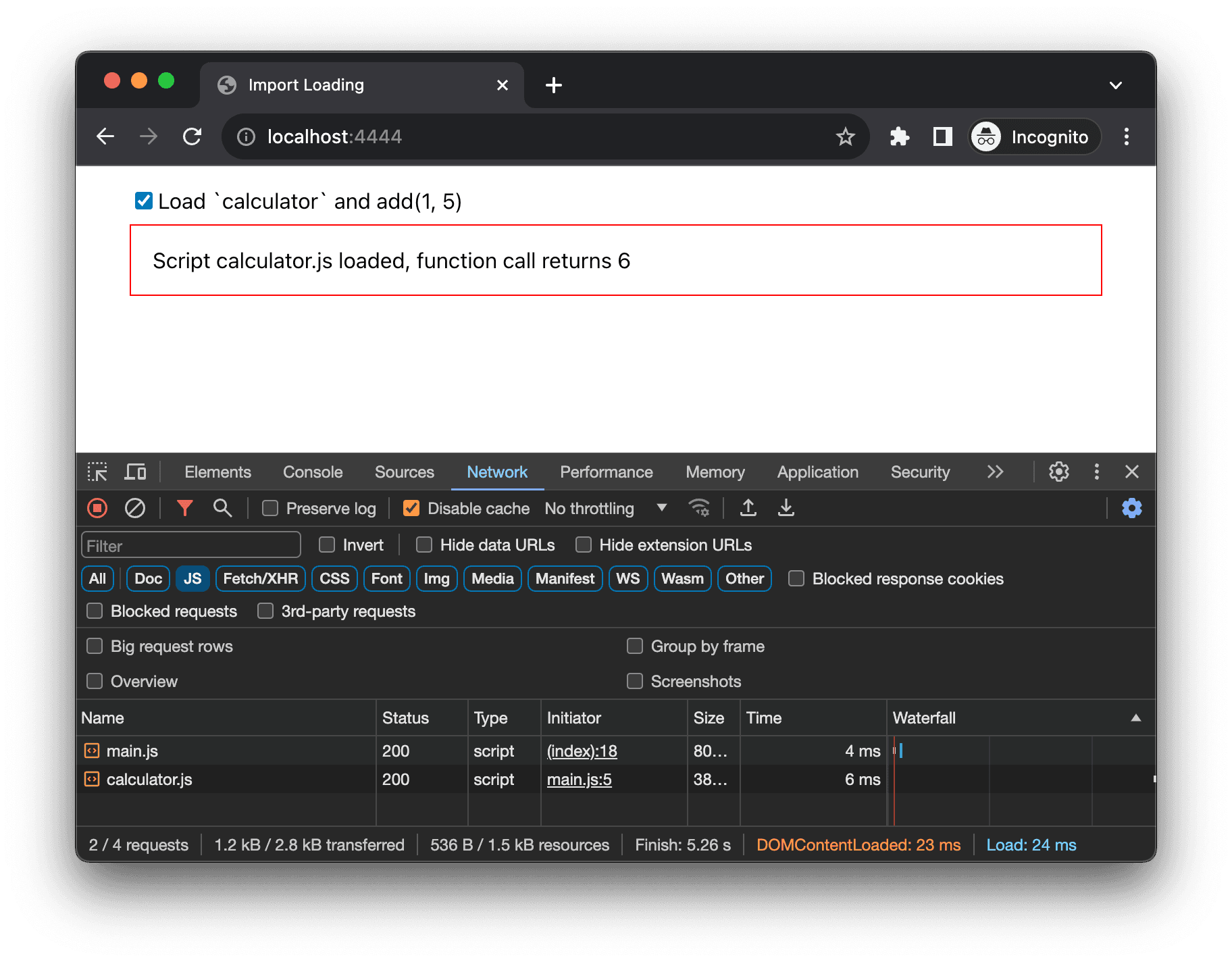 Network request screenshot demonstrating asynchronous module loading