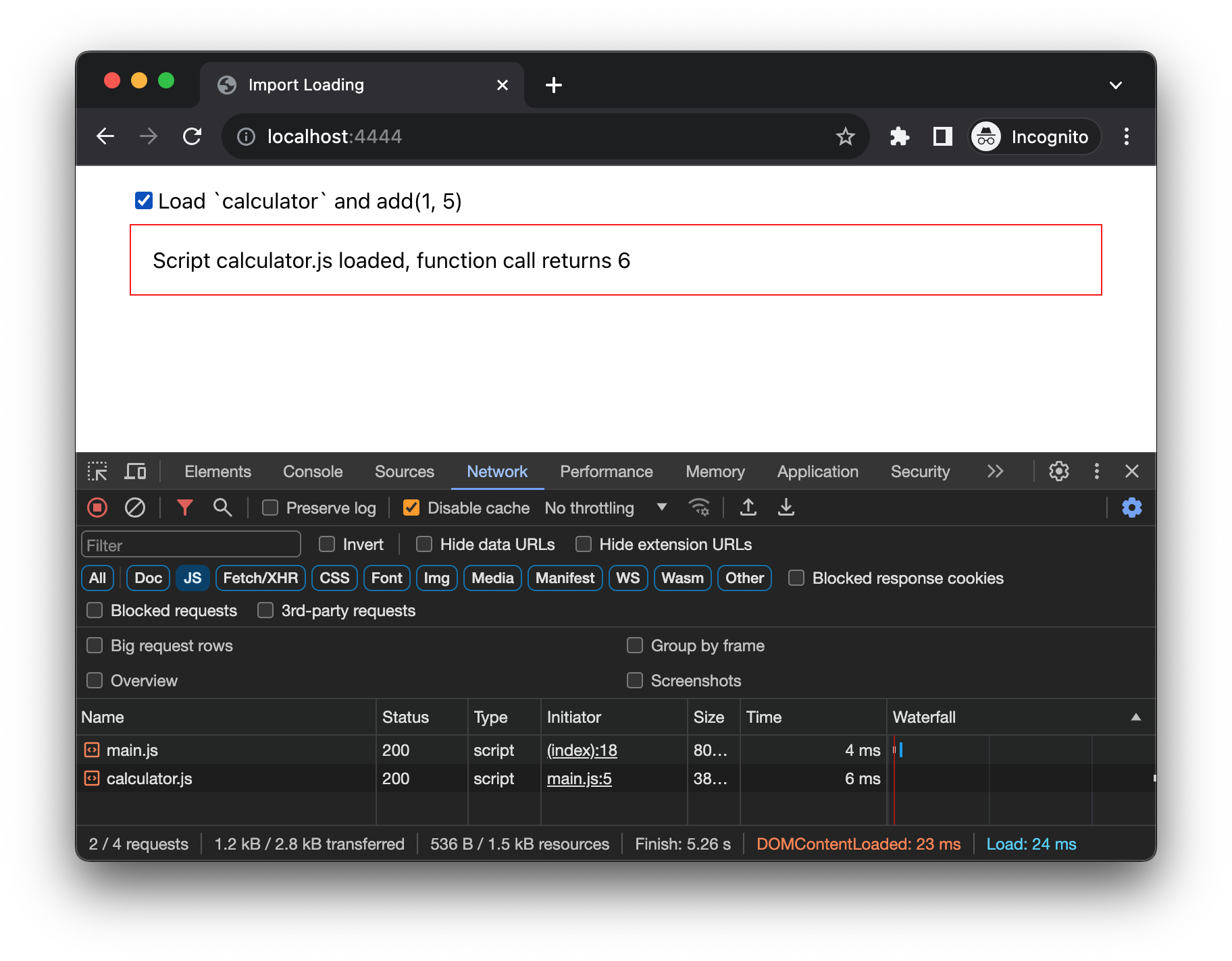 Network request screenshot demonstrating asynchronous module loading